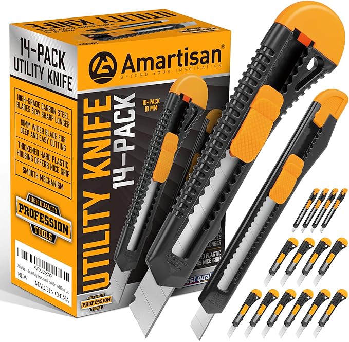 Amartisan 14-Piece Retractable Box Cutter, Utility Knifes for Boxes, Cartons, Cardboard Cutting, 18mm & 9mm Wide Blade Cutter, Very Suitable for Office and Home Use.