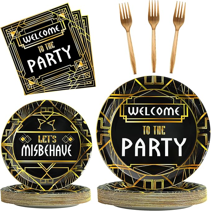 100 Pcs Roaring 1920s Party Decorations, Speakeasy Misbehave Black Gold by Qyeahkj