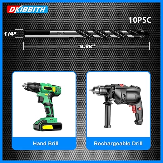10-Piece 1/4" Masonry Drill Bits for Tile Glass Ceramic Wall Brick Stone Soft-Metal Wood, 1/4 Inch Concrete Drill Bits Cement Drill Bit Set, 3-Flat Shank, YG8 Carbide Tungsten Steel Alloy Tip 6mm