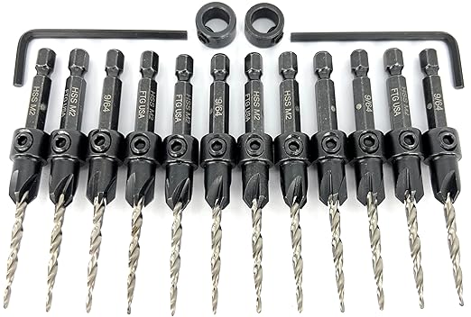 FTG USA 12 Pc #6 (9/64") Countersink Drill Bit Set with Depth Stop Collar, Hex Wrench - Tapered Drill Bits for Wood