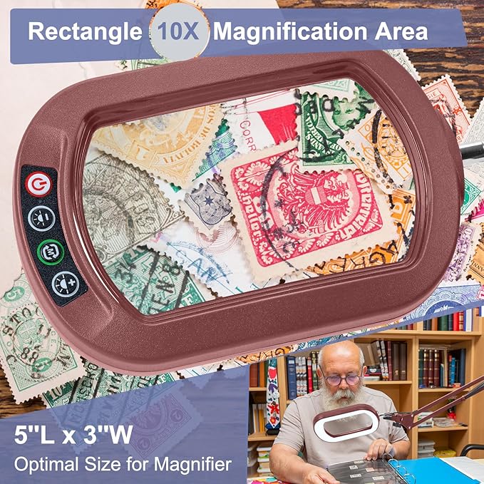10X Rectangle Magnifying Glass with Light and Clamp, 5 Color Modes Stepless Dimmable, Lighted Magnifier with Stand Hands Free, Flexible Swing Arm LED Desk Lamp for Close Work, Craft, Reading - Red
