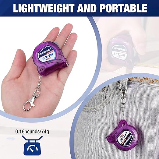 WORKPRO Keychain Tape Measure, 6FT Retractable Easy Reading Mini Tape Measurement, Inch/Metric Scale Pocket Size Small Tape Measure for Engineer, Lightweight, ABS Protective Casing, 2 Pcs, Purple