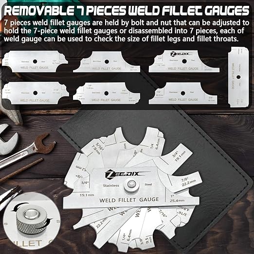 ZeeDix Metal Fillet Weld Gauge Set, Stainless Steel Welding Inspection Gauge Tool(1/8" - 1") Ulnar Metric & Inch
