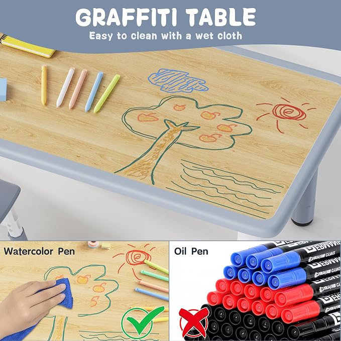 Brelley Height Adjustable Toddler Table and 4 Chairs Set, Graffiti Desktop - Image 4