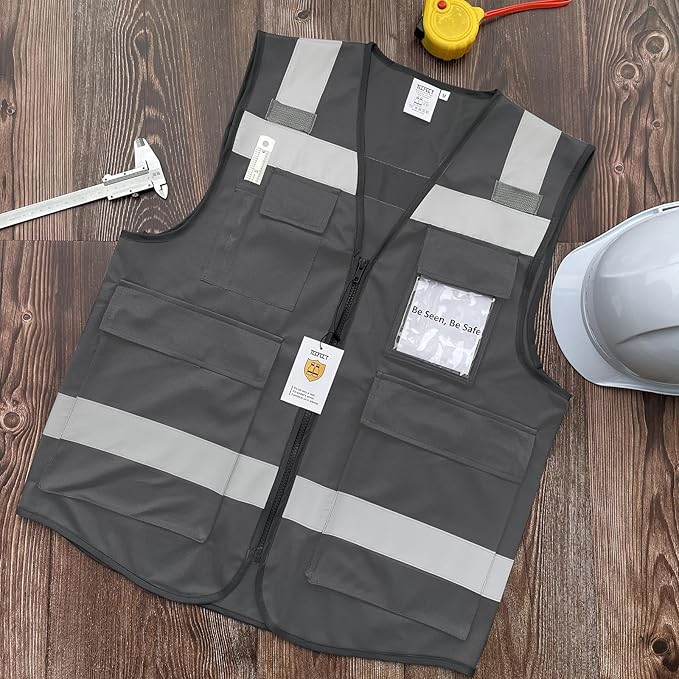 TCCFCCT Hi Vis Vest 5 Pockets High Visibility Reflective Safety Vest for Men Women, Neon Construction Vest with Horizontal Strip for Walkie-talkie and ID Card, Meets ANSI/ISEA Standards, Grey,M
