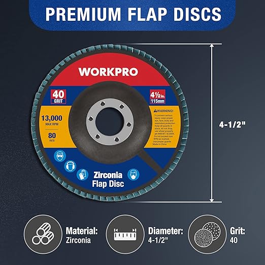 WORKPRO 10-Pack Flap Discs, 4-1/2-inch, Arbor Size 7/8-inch, T29 Zirconia Abrasive Grinding Wheel and Flap Sanding Disc, Includes 40 Grits