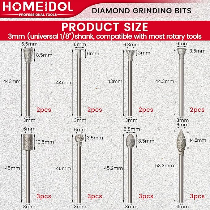 20PCS Stone Carving Set Diamond Burr Bits, HOMEIDOL Diamond Grinding Bits Suitable for Dremel, Polishing Kits Rotary Tools Accessories with 1/8" Shank for Carving, Engraving, Grinding, Stone, Glass
