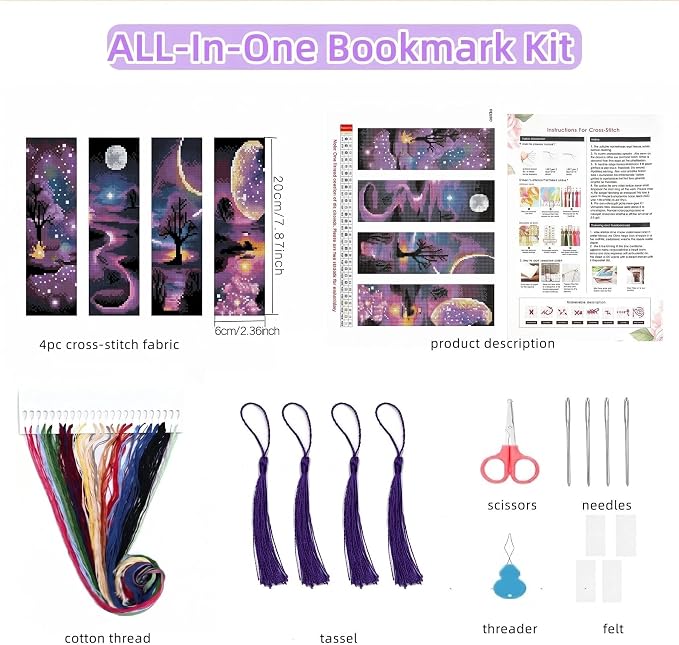Paintcolor 4PC Starry Night Counted Cross Stitch Bookmark Kit - Image 2