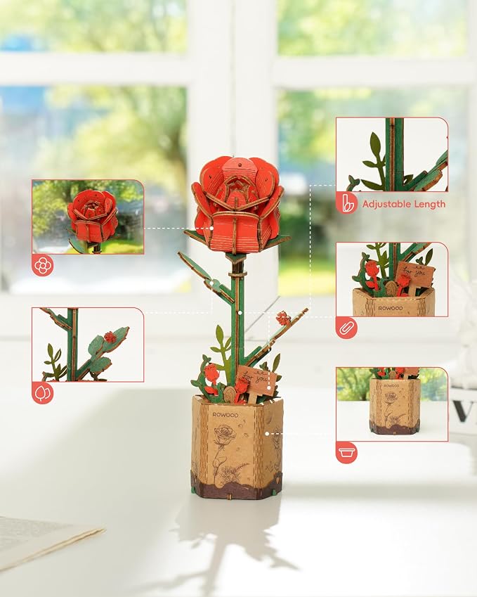 rowood 3D Puzzle Wooden Flower, DIY Artifical Flower Building Toy Set Craft Kit - Image 4