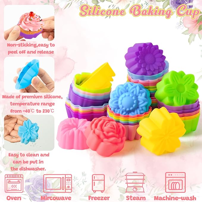 R HORSE 42 Pack Mini Silicone Cupcake Molds | Multi Flower Shaped Baking Cups - Image 3