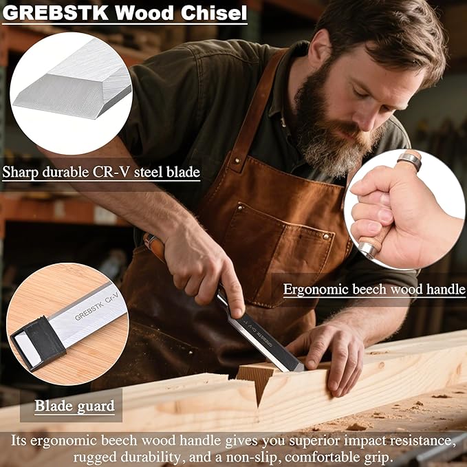 GREBSTK 4 Pcs Wood Chisel Set, CRV Steel Bevel Sharp Edge Bench Chisels with Safety Caps, Comfortful Beech Handle, for Woodworking and DIY Projects, 9.5"x(1/4", 1/2", 3/4", 1")