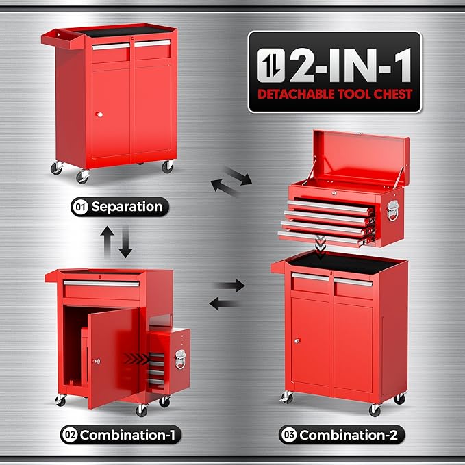 INTERGREAT Tool Chest, 5 Drawers Rolling Tool Chest with Detachable Top Tool Box, Tool Chests with Universal Lockable Wheels, Metal Tool Cart for Garage, Workshop, Barbershop
