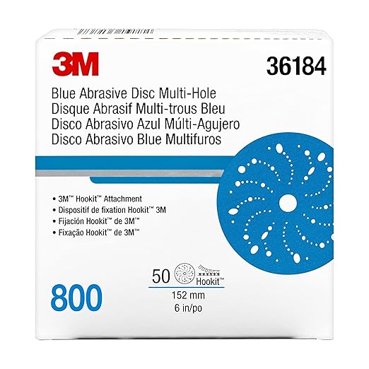3M Hookit Blue Abrasive Discs 36184, Multi-Hole, 6 in, 800+ Grade, Pack of 50, Virtually Dust-Free, for Auto Sanding, Body Repair, Featheredging, Primer Sanding, Paint Preparation, E-Coat Sanding