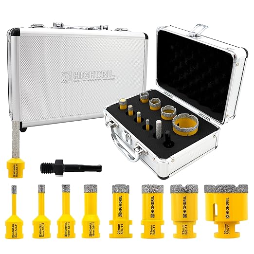 HIGHDRIL Diamond Drill Bits Kit with 5/8-11 for Porcelain Tile Ceramic Marble Brick Concrete Vacuum Brazed Hole Saw(6/8/10/16/20/25/32/50mm+10mm Finger Bits+SDS Shank Adapter