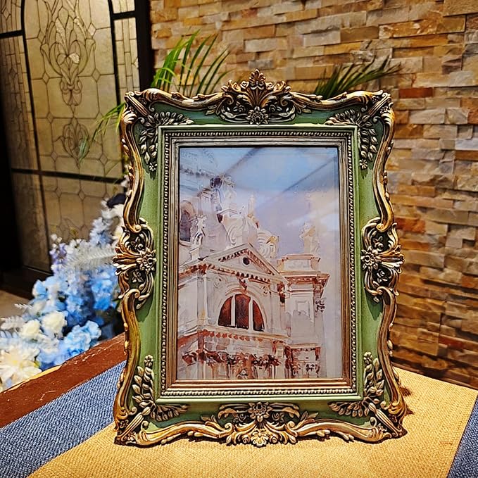 5x7 Vintage Picture Frame, Antique Green and Gold Ornate Photo Frame - Image 3