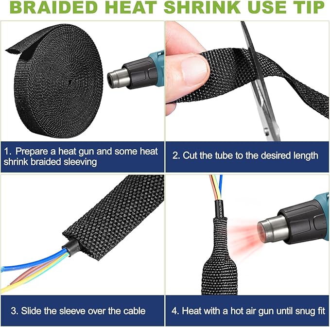 2:1 Heat Shrink Wire Loom Braided Cable Sleeves,Heat Resistant Fabric Woven Shrink Tubing Wiring Harness for Protection Automotive,Harness Cable,Cable Management (1/2"-25ft)