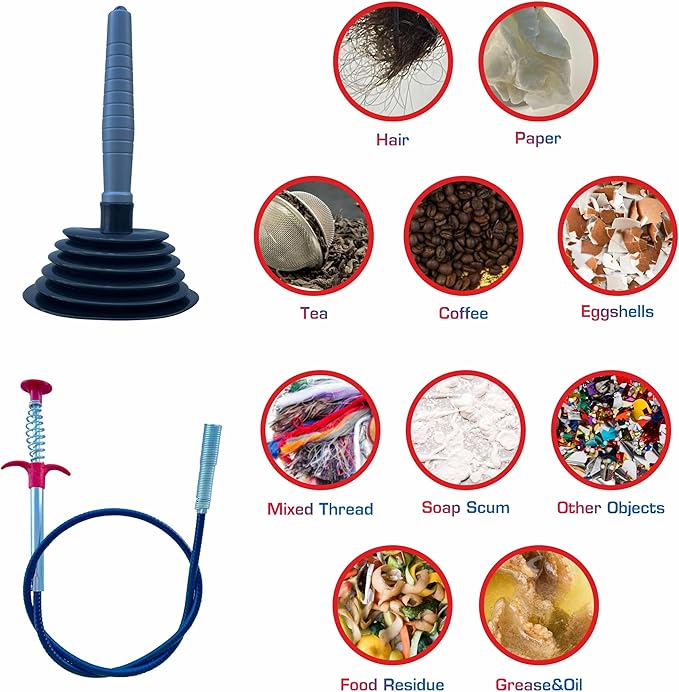 Sink and Toilet Plunger & Hair Clog Remover 34 inch 2 in 1 Kit - Drain Snake and Plunger for Sinks, Kitchens, Toilets, Bathrooms and Showers