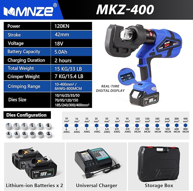 Electric Hydraulic Cable Lug Crimper Pliers Rechargeable Crimping Tool 12 Ton Electrical Terminal Cable Wire Fiber Crimper Kit with 12 Dies (MZ-MKZ-400)