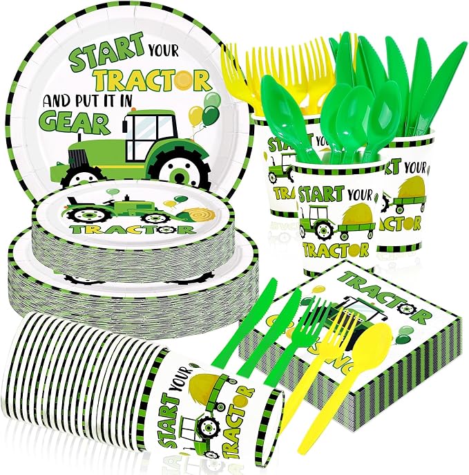168 Pcs Tractor Farm Theme Party Decorations, Serves 24 | Start Your Tractor by Greencian