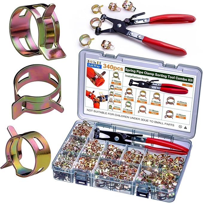 340pcs Spring Pipe Clamps, With Spring Pipe Clamp Tools, 12 Sizes 6-22mm Spring Hose Clamps, Used To Fix Hose Interfaces In Automotive, Marine, Gardening, Industrial Applications