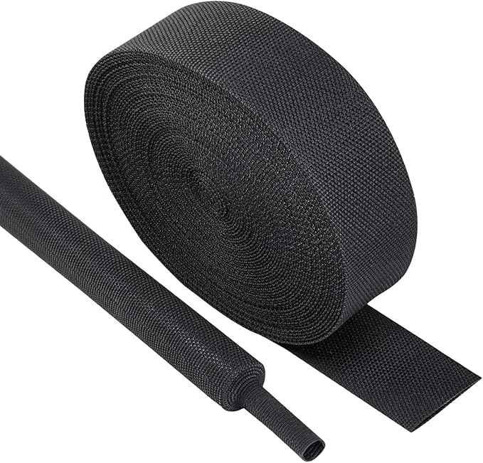 Black 2:1 Ratio Automotive Heat Shrink Braided Sleeving,Wear-Resistant Flat Woven Shrinkable Sleeve Fabric Car Cable Wires Hoses Protection (1-1/8"-35ft)