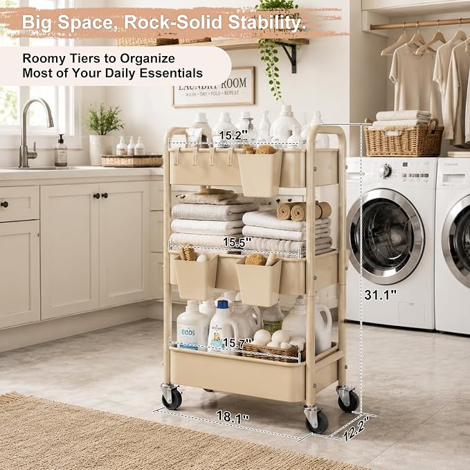 3 Tier Beige Rolling Storage Cart Metal on Wheels, Cream Three Tiered Diaper - Image 6