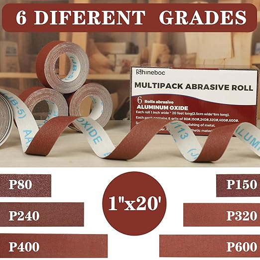 Emery Cloth Roll, 1" x 20 Feet Continuous Sandpaper Roll, 80/150/240/320/400/600 Grit Sand Paper Assortment Pack for Wood Metal Sanding and Polishing