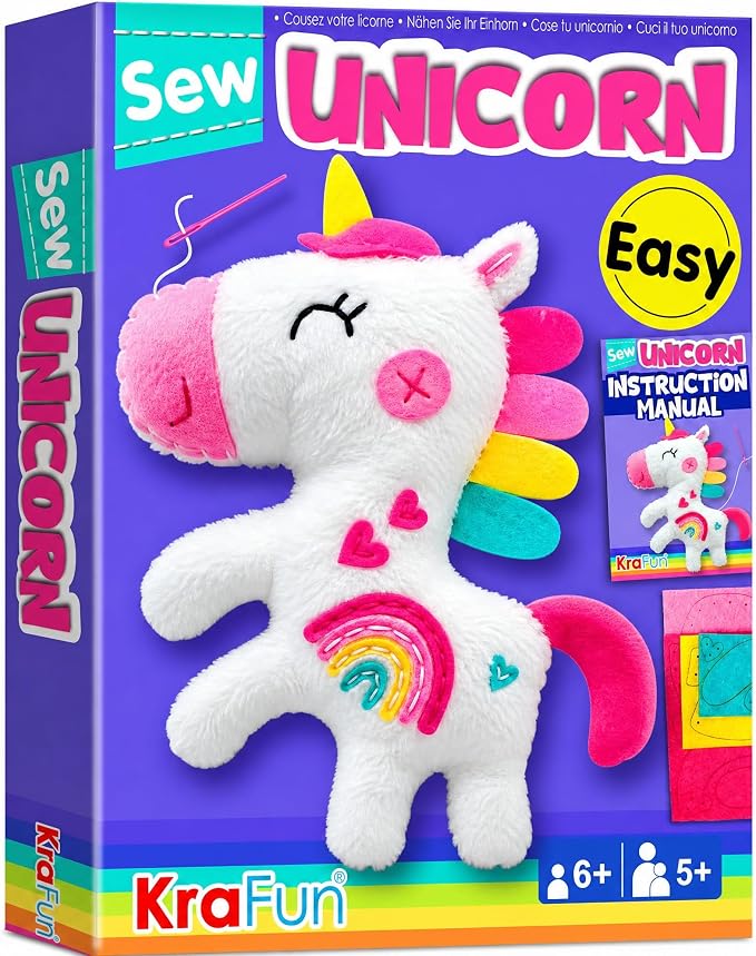 KRAFUN Unicorn Sewing Kit for Kids Ages 8-12 | No Scissors | Pre-cut & by FunCreativeArtsCraftKits