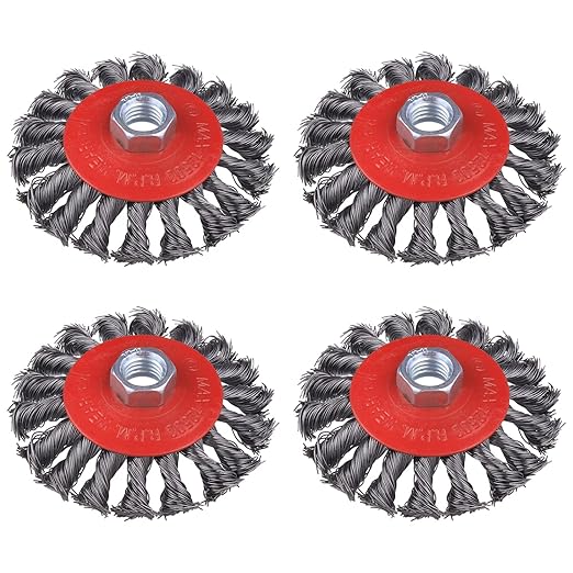 4 Pack 4 Inch Twist Knotted Wire Wheel Brush for Angle Grinder with 5/8 Inch-11 Threaded Arbor, for Heavy-Duty Conditioning for Various Metals
