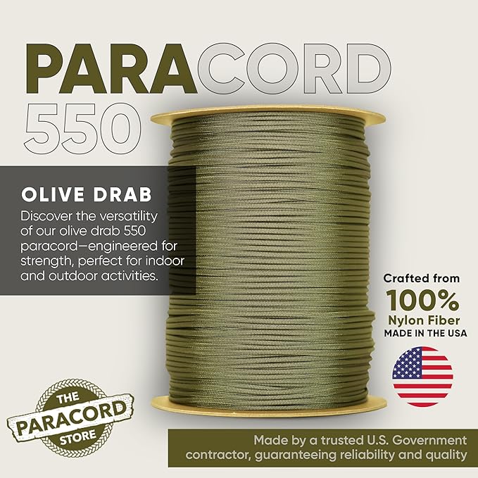 The Paracord Store | Type III 550 Paracord - 1000 FT Spool, Olive Drab | Heavy Duty 7 Strand Tactical Paracord - USA Made Nylon Outdoor Parachute Cord for Camping, Fishing & More - Survival Cord