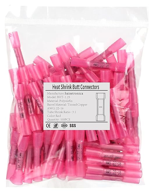 haisstronica 100PCS Red Heat Shrink Butt Connectors AWG22-16,Marine Grade Waterproof Heat Shrink Wire Connectors,Tinned Red Copper 0.7mm,Insulated Crimp Butt Splice Electrical Connectors