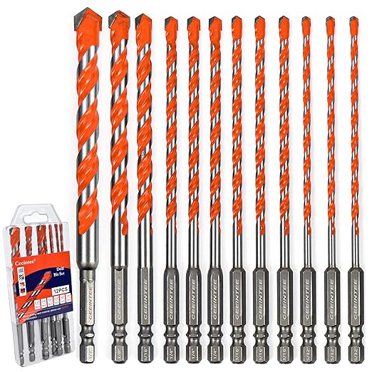 12-PCS Concrete Drill Bit Set, 5/32"-1/2" Inch Carbide Hex Shank Masonry Drill Bits Set for Glass/Brick/Plastic/Cement/Tile