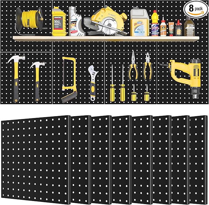 Pegboard Panels 8 Packs Metal Black, Heavy Duty Steel Peg Boards Wall Tool Organizer with Screw for Garage, Tool Storage, Office Organization, Craft Room, Kitchen