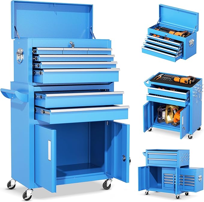 INTERGREAT 8 Drawer Rolling Tool Chest, Assembled Tool Chest with Wheels, 2-in-1 Detachable Steel Toolchest Organizer Combo, Tool Cabinet for Garage, Workstation (Blue)
