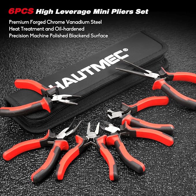 HAUTMEC 6PCS Mini Pliers Set High Leverage Multi Small Pliers Tool Set with Needle Nose, Linesman, Long Nose, Bent Nose, Diagonal Cutters, End Cutting Plier for Jewelry, Electronic and Crafts HT0275