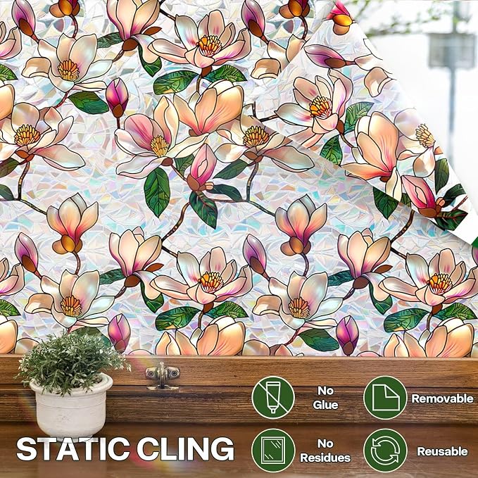 Floral Stained Glass Window Film, Static Cling Rainbow Privacy Film Sun Blocking - Image 7