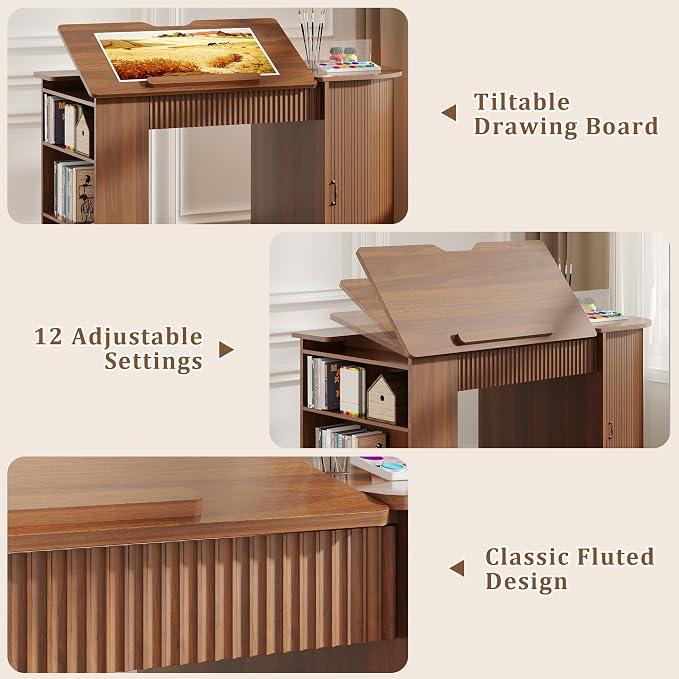 Drafting Table with Storage Cabinet & Drawers, Adjustable Drawing Table with - Image 6