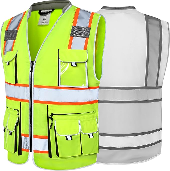 JKSafety 10 Pockets Class 2 Hi-Vis Zipper Front Yellow Safety Vest | Cushioned Collar | High Reflective Tapes with Extended Neon Orange Strips | Meets ANSI/ISEA Standards (Medium, 89-Yellow)