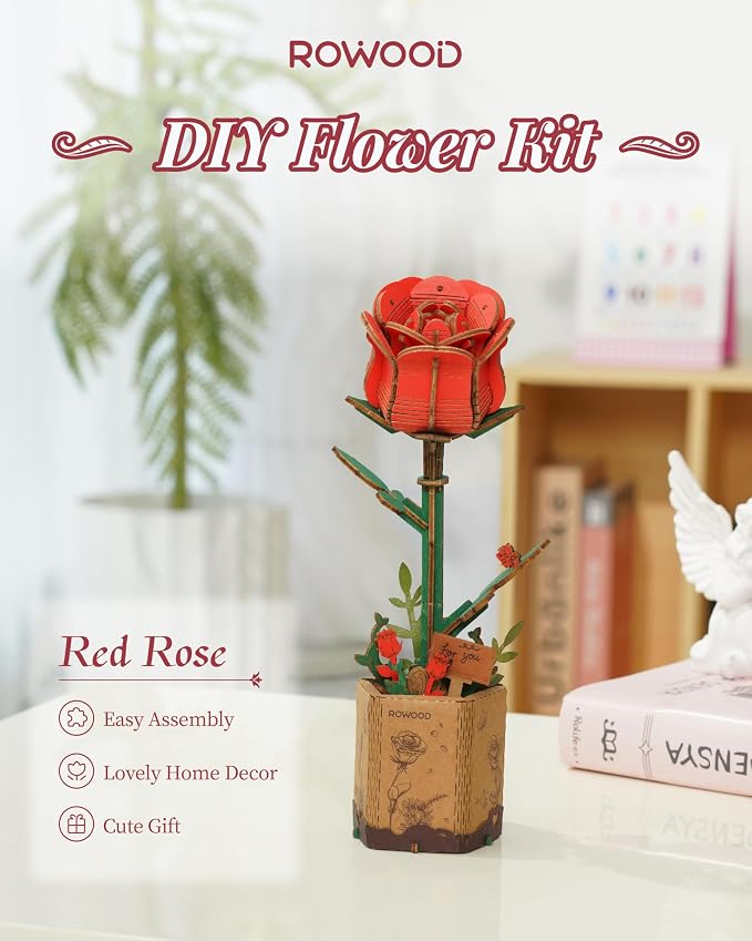 rowood 3D Puzzle Wooden Flower, DIY Artifical Flower Building Toy Set Craft Kit - Image 2