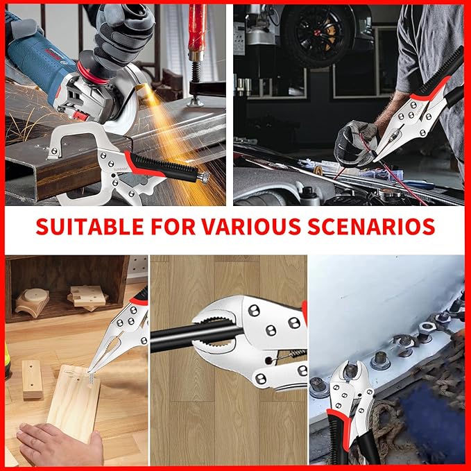 Locking Pliers Set, 6-Piece Vice Grips Pliers Set Long Nose 6-1/2”, 9-1/2” Curved Jaw 5” 7” 10” C-Clamp 6” Adjustable Screw