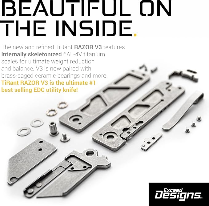 TIRANT RAZOR V3 (Stonewashed) 6Al-4V Titanium Utility Knife & EDC Pocket Knife, Box Cutter, Razor Blade EDC Tool