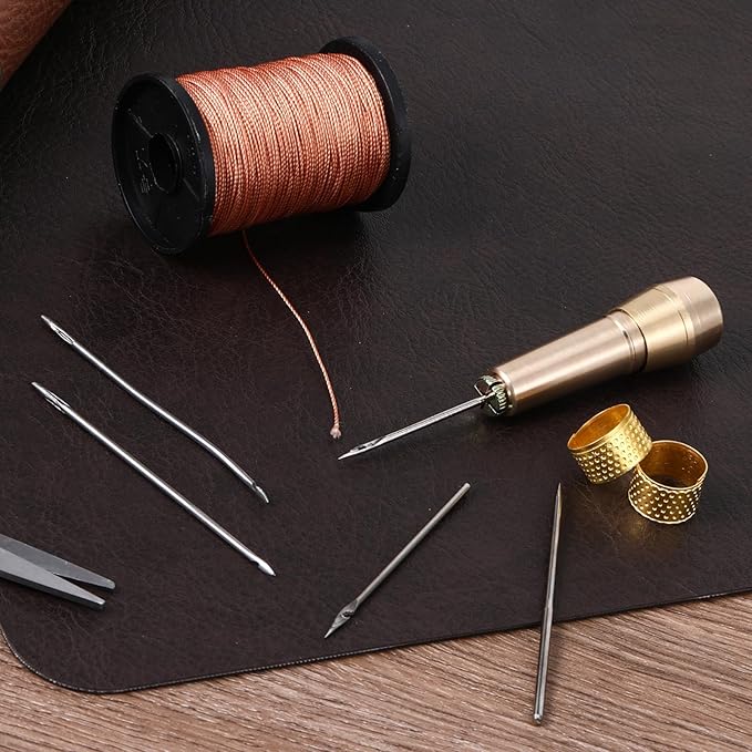 9pcs Canvas Leather Sewing Awl Needle with Copper Handle 45m Nylon Waxed Thread Cord with Thimble Assortment Kit Leather Sewing Tools for Canvas Shoe and Repair