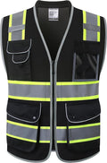 JKSafety 9 Pockets Hi-Vis Black Safety Vest for Men Women High Visibility Reflective Construction Mesh Fabric Cushioned Collar Work Utility PPE Work Gear ANSI/ISEA compliant(101-Black XXL)