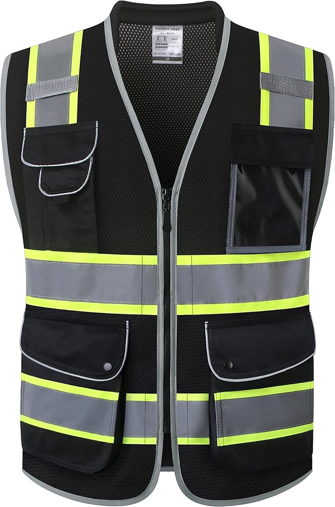 JKSafety 9 Pockets Hi-Vis Black Safety Vest for Men Women High Visibility Reflective Construction Mesh Fabric Cushioned Collar Work Utility PPE Work Gear ANSI/ISEA compliant (101-Black XL)