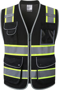 JKSafety 9 Pockets Hi-Vis Black Safety Vest for Men Women High Visibility Reflective Construction Mesh Fabric Cushioned Collar Work Utility PPE Work Gear ANSI/ISEA compliant (101-Black 3XL)