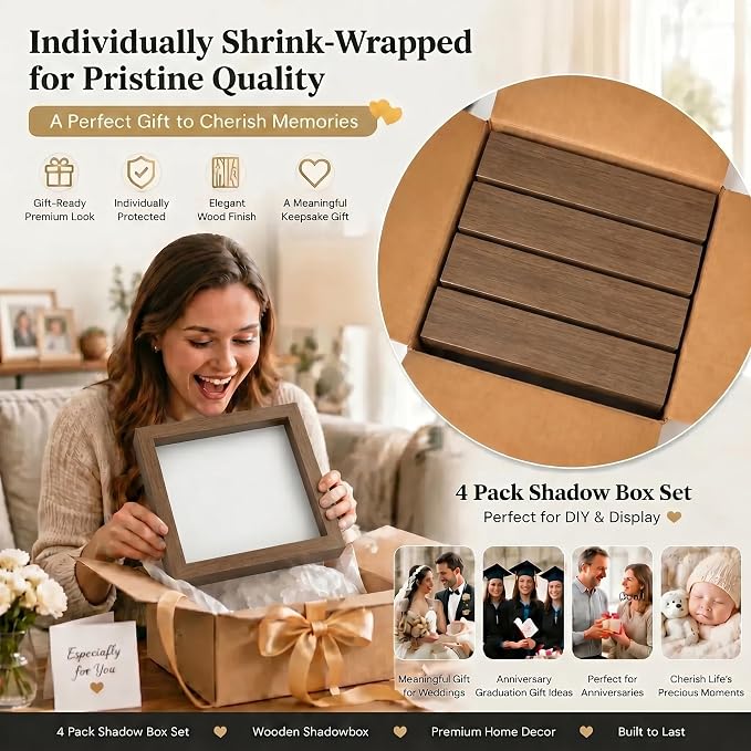 4 Pack 8x10Shadow Box Frame Set, Deep Wood Display Case - Image 8