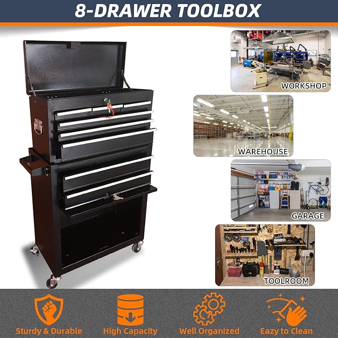 8-Drawer High Capacity Rolling Tool Chest with Wheels, Big Tool Storage Removable Tool Box Combo, Tool Storage Cabinet