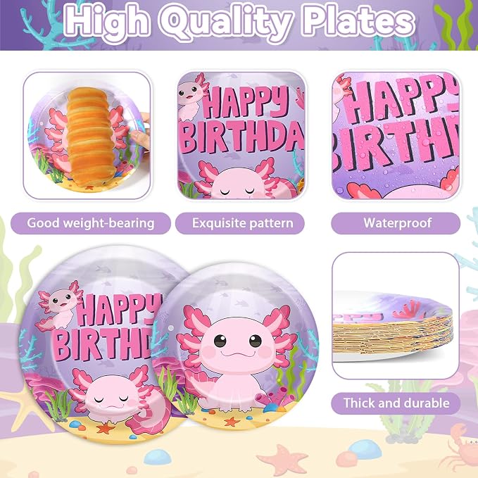 100 Pcs Axolotl Birthday Party Supplies Pink Axolotl Disposable Paper Plates - Image 3