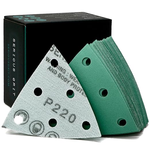 3.5" (93mm) 6-Hole 220 Grit Triangle Sanding Sheets - Fits Festool Rotex RO 90 Delta - Heavy-Duty Hook & Loop Film Disc Abrasives - Sandpaper for Detail Sanders - 50 Pack Box