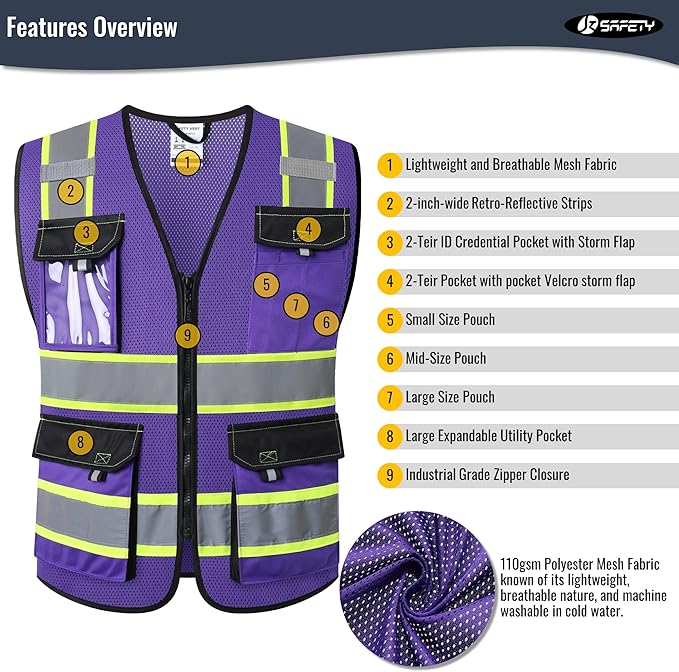 JKSafety Hi Vis Reflective Safety Vests for Men Women High Visibility Vest with Pockets Mesh Fabric Construction Safety Apparel Neon Vest for Work (220-PurpleB 3XL)
